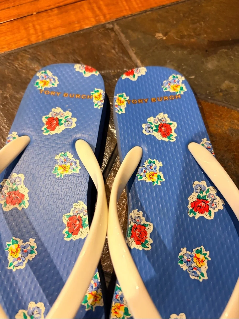 Tory Burch Blue Floral Flip Flops with Cream Straps and Gold Logo